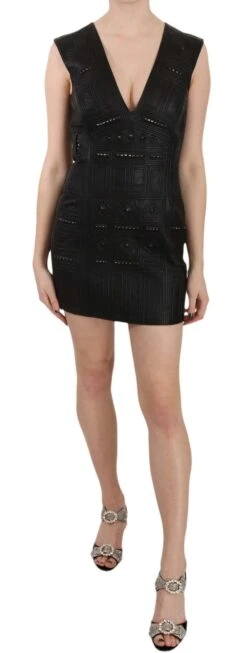 John Richmond Black Leather Studded Mini Shift Women's Dress