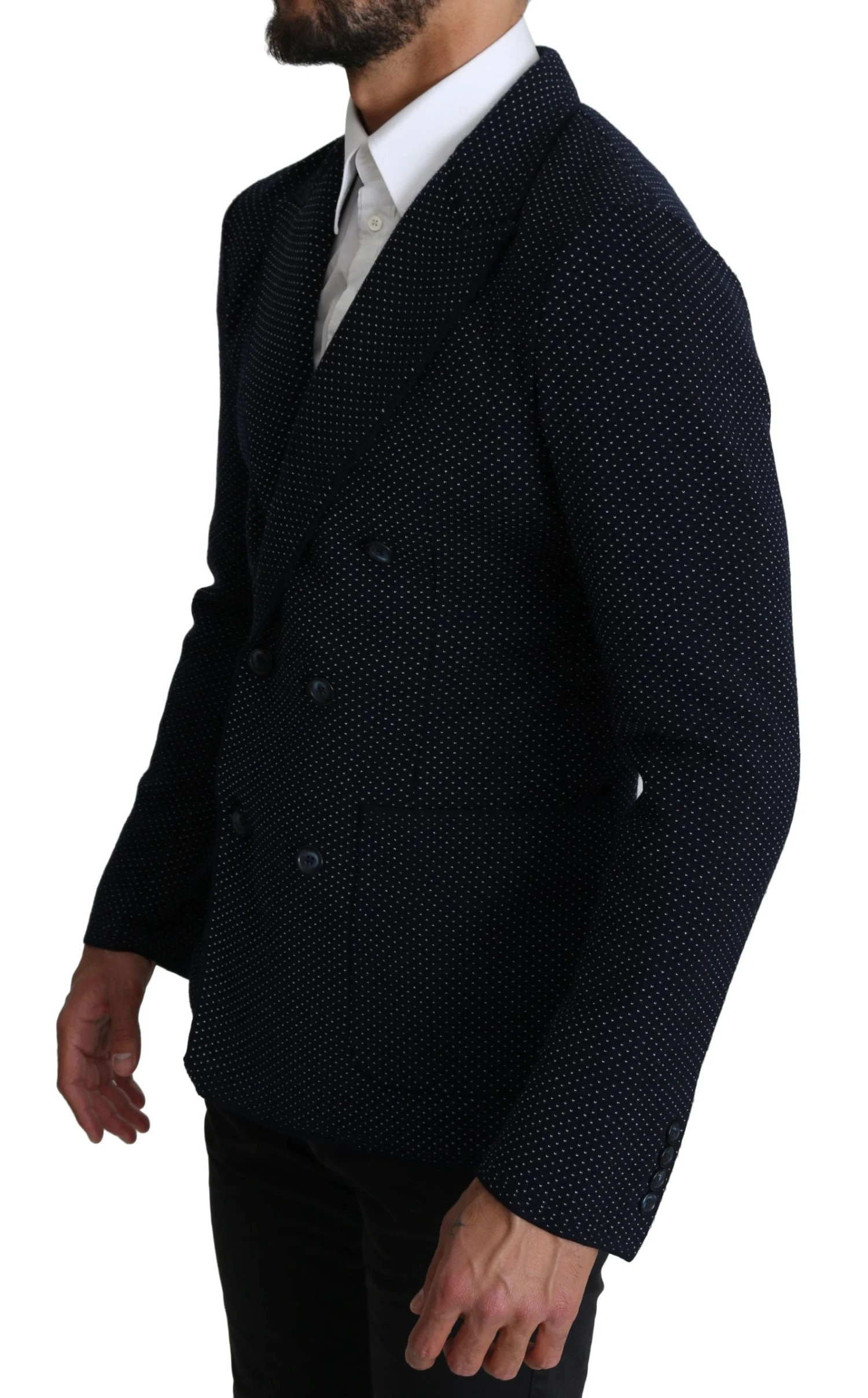 Dolce & Gabbana Dark Blue Dotted Double Breasted Coat Men's Blazer 4 Dolce & Gabbana Dark Blue Dotted Double Breasted Coat Men's Blazer - Image 2