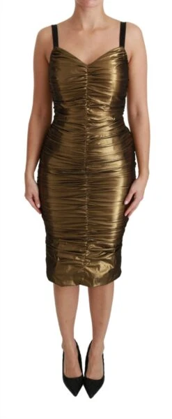 Dolce & Gabbana Gold Metallic Stretch Bodycon Ruched Women's Dress