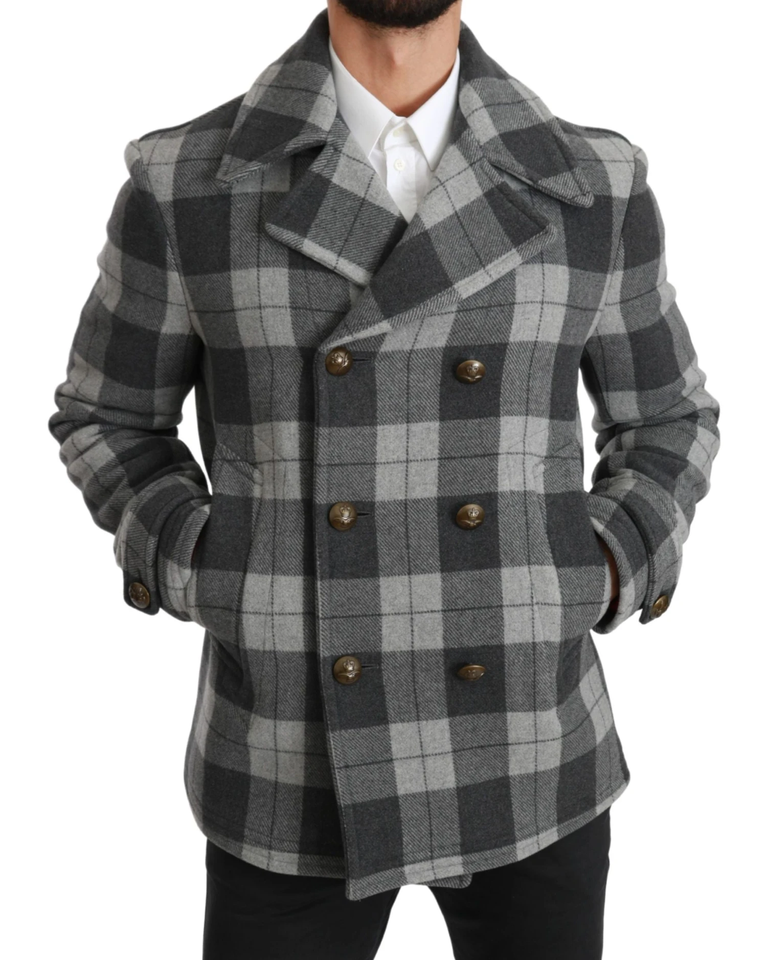 Dolce & Gabbana Gray Check Wool Cashmere Coat Men's Jacket 4 Dolce & Gabbana Gray Check Wool Cashmere Coat Men's Jacket - Image 2