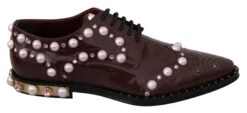 Dolce & Gabbana Bordeaux Leather Crystal Pearls Formal Women's Shoes