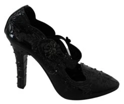 Dolce & Gabbana Black Floral Crystal CINDERELLA Heels Women's Shoes