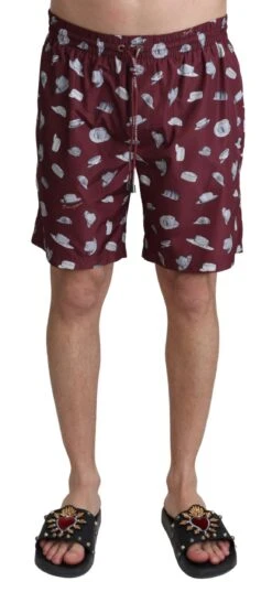 Dolce & Gabbana Maroon Hats Print Beachwear Shorts Men's Swimwear