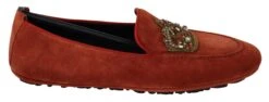 Dolce & Gabbana Orange Leather Crystal Crown Loafers Men's Shoes