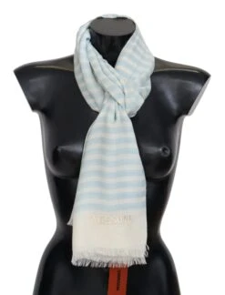 Missoni Blue White Lined Cashmere Unisex Wrap Men's Scarf