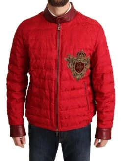 Dolce & Gabbana Red Brocade Bomber Gold Crown Logo Coat Men's Jacket