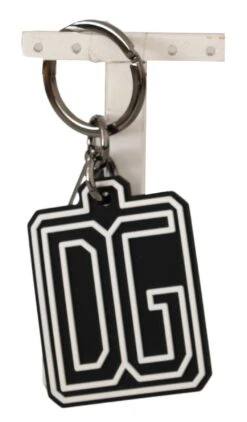 Dolce & Gabbana Black White DG Rubber Logo Silver Ring Men's Keychain