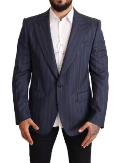 Dolce & Gabbana Blue Striped Wool Slim Fit Blazer Men's Jacket