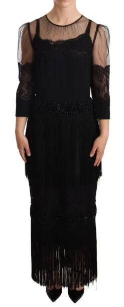 Dolce & Gabbana Black Sheer Floral Lace Crystal Maxi Women's Dress