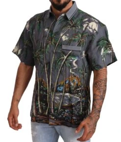 Dolce & Gabbana Gray Linen Tropical Print Collared Men's Shirt -Lux Lair Store 1557651