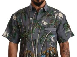 Dolce & Gabbana Gray Linen Tropical Print Collared Men's Shirt -Lux Lair Store 1557653