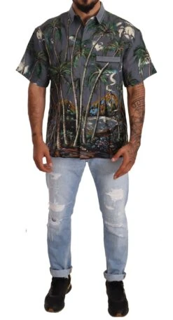 Dolce & Gabbana Gray Linen Tropical Print Collared Men's Shirt -Lux Lair Store 1557655