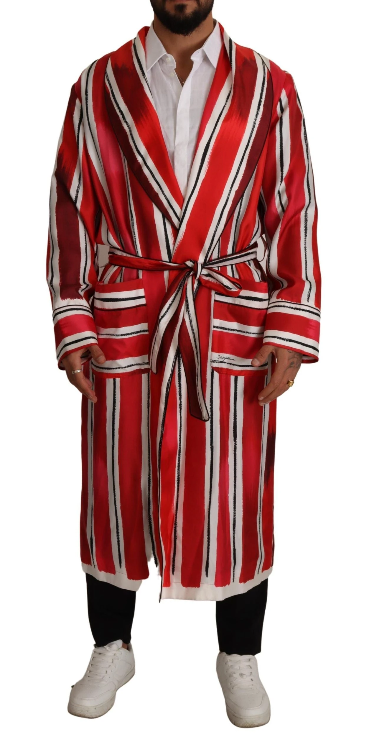 Dolce & Gabbana Red White Striped Silk Mens Night Gown Men's Robe 3 Dolce & Gabbana Red White Striped Silk Mens Night Gown Men's Robe