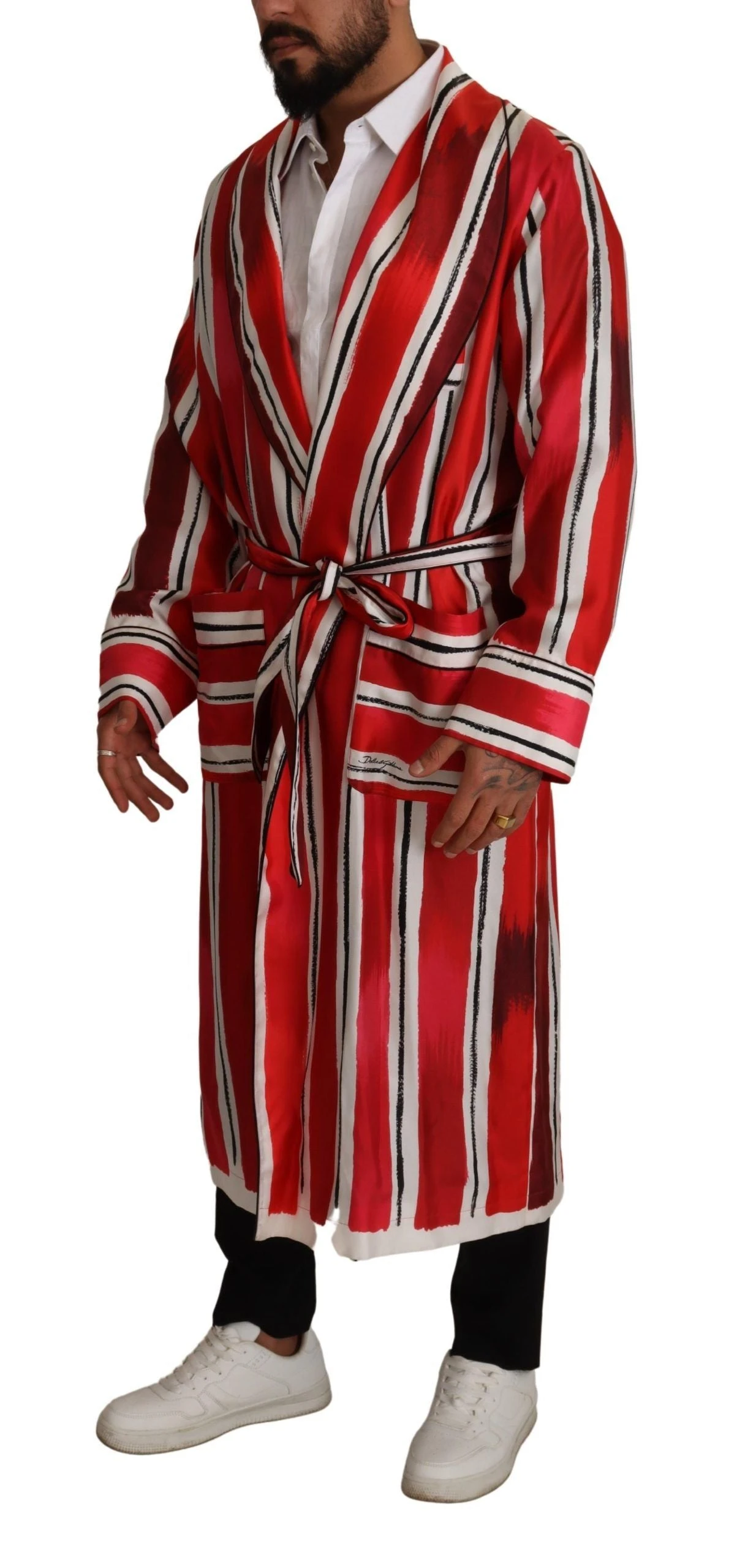 Dolce & Gabbana Red White Striped Silk Mens Night Gown Men's Robe 4 Dolce & Gabbana Red White Striped Silk Mens Night Gown Men's Robe - Image 2