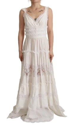 Dolce & Gabbana White Cotton Tiered Long Maxi A-line Women's Dress