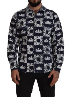 Dolce & Gabbana Blue Denim Stretch DG Crown Logo Casual Men's Shirt