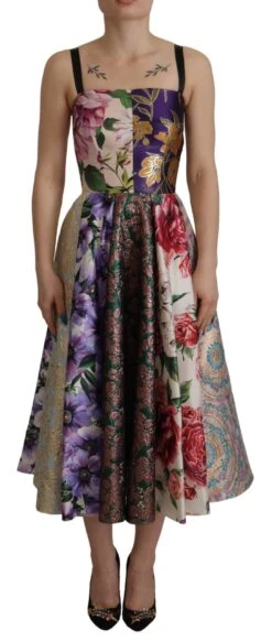 Dolce & Gabbana Dress Midi Patchwork Floral Jaquard Women's Silk