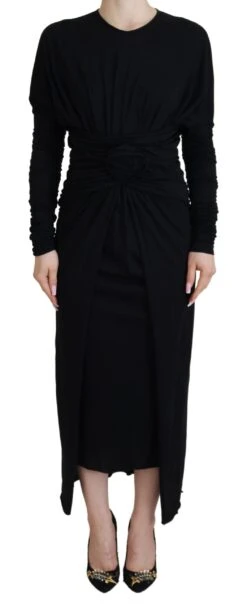 Dolce & Gabbana Black Sheath Midi Gown Wool Wrap Women's Dress