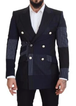 Dolce & Gabbana Blue Wool Patchwork Double Breasted Men's Blazer
