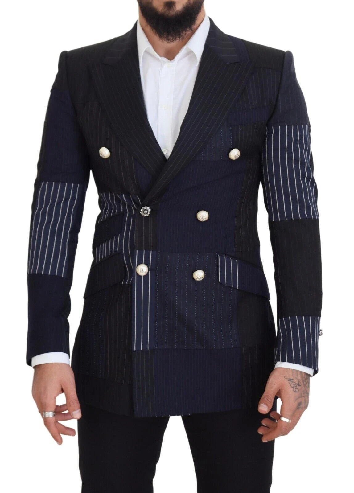 Dolce & Gabbana Blue Wool Patchwork Double Breasted Men's Blazer 3 Dolce & Gabbana Blue Wool Patchwork Double Breasted Men's Blazer