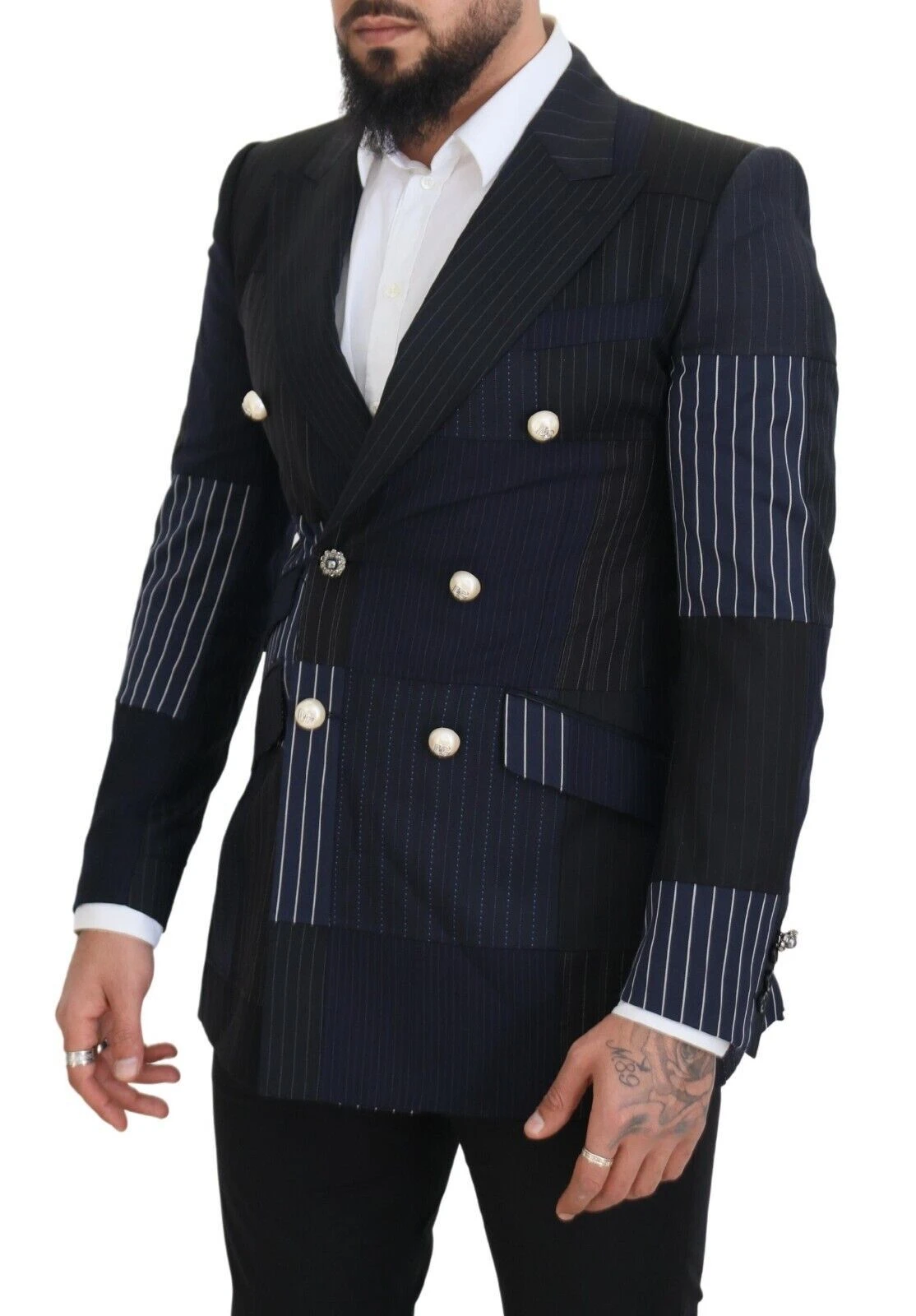 Dolce & Gabbana Blue Wool Patchwork Double Breasted Men's Blazer 4 Dolce & Gabbana Blue Wool Patchwork Double Breasted Men's Blazer - Image 2