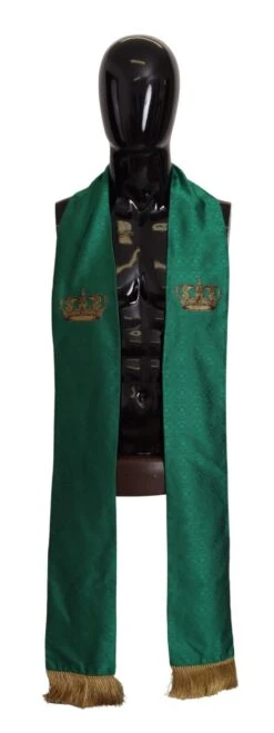 Dolce & Gabbana Green Crown Embroidered Shawl Fringe Blend Men's Silk