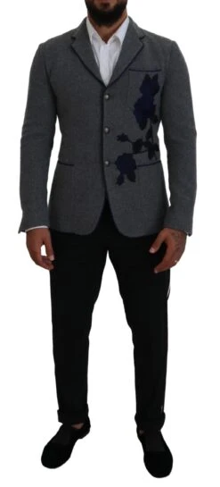 Dolce & Gabbana Gray Wool Roses Slim Fit Jacket Men's Blazer