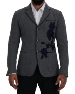 Dolce & Gabbana Gray Wool Roses Slim Fit Jacket Men's Blazer -Lux Lair Store 4122670