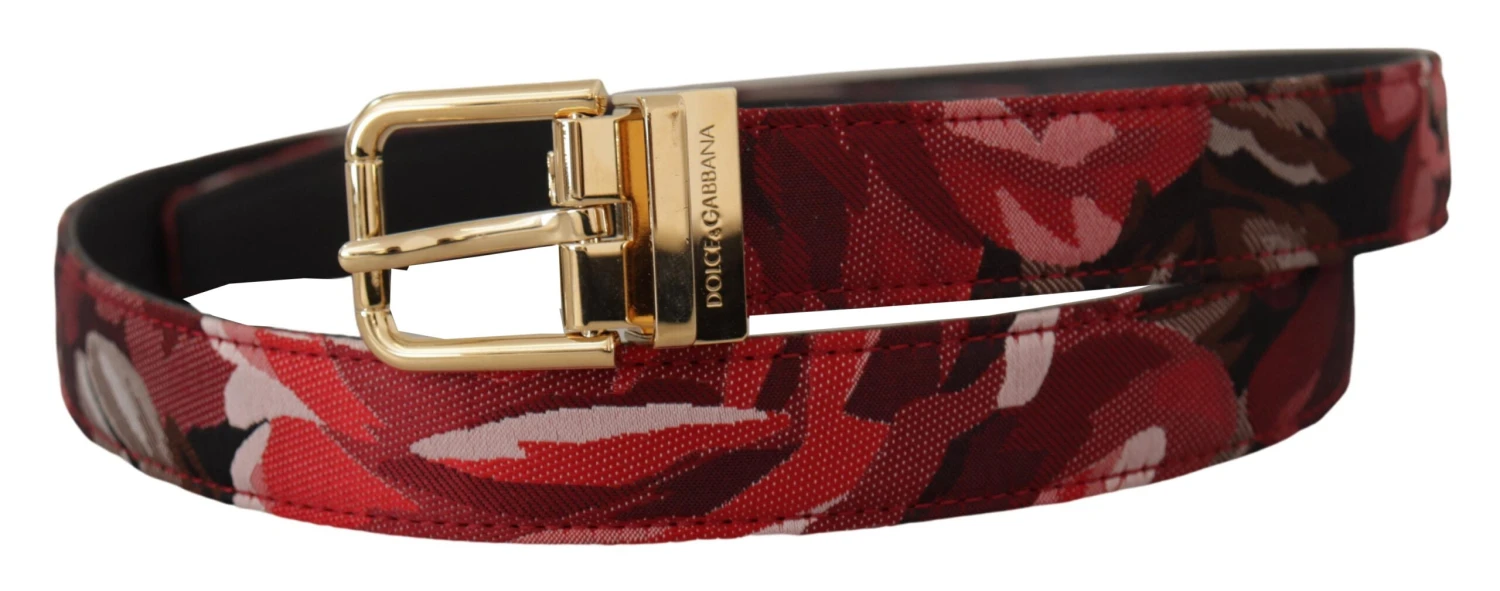 Dolce & Gabbana Red Jacquard Rose Leather Gold Metal Buckle Men's Belt 4 Dolce & Gabbana Red Jacquard Rose Leather Gold Metal Buckle Men's Belt - Image 2