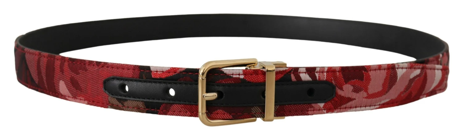 Dolce & Gabbana Red Jacquard Rose Leather Gold Metal Buckle Men's Belt 3 Dolce & Gabbana Red Jacquard Rose Leather Gold Metal Buckle Men's Belt