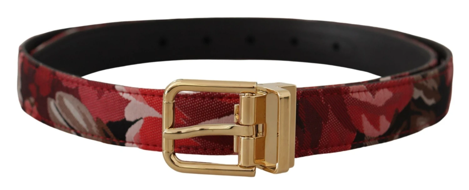 Dolce & Gabbana Red Jacquard Rose Leather Gold Metal Buckle Men's Belt 5 Dolce & Gabbana Red Jacquard Rose Leather Gold Metal Buckle Men's Belt - Image 3