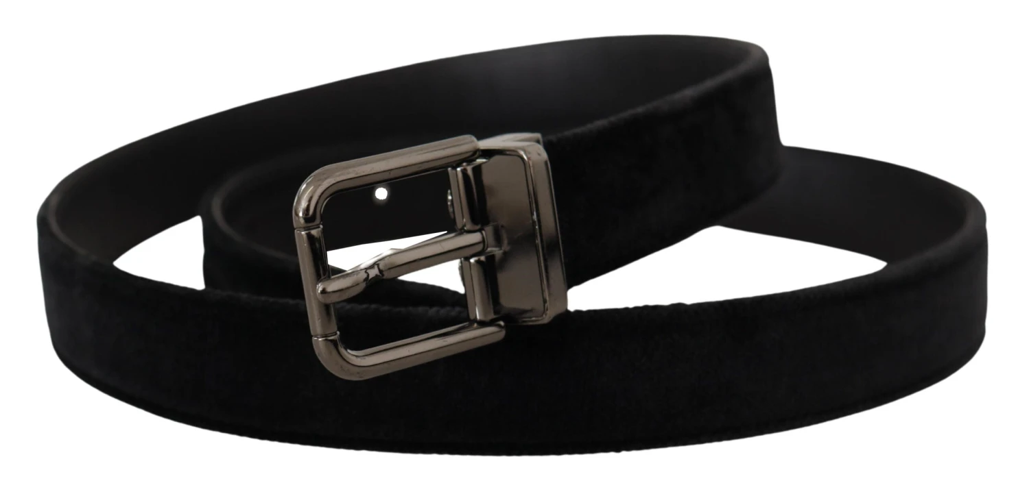 Dolce & Gabbana Black Velvet Silver Tone Logo Metal Buckle Men's Belt 4 Dolce & Gabbana Black Velvet Silver Tone Logo Metal Buckle Men's Belt - Image 2