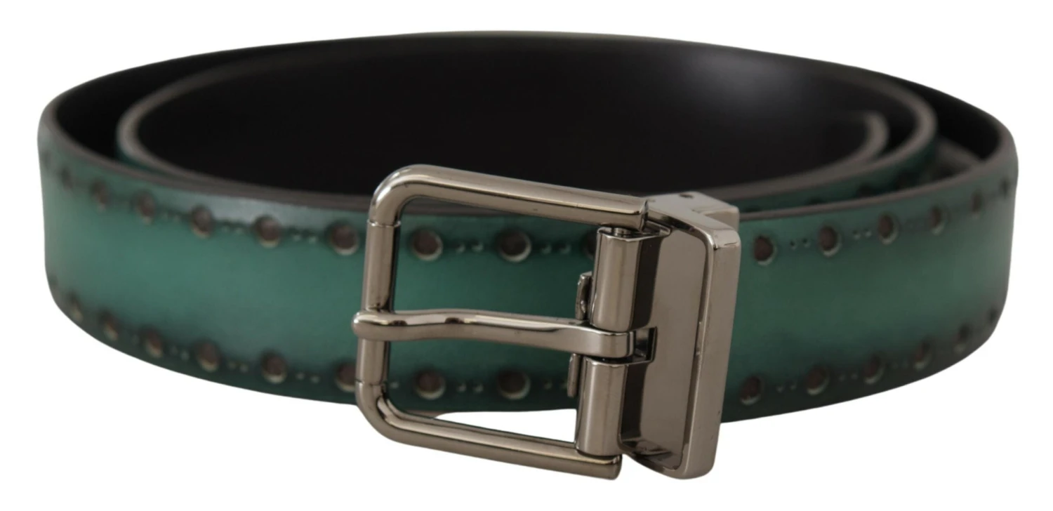 Dolce & Gabbana Green Giotto Leather Silver Metal Buckle Men's Belt 3 Dolce & Gabbana Green Giotto Leather Silver Metal Buckle Men's Belt