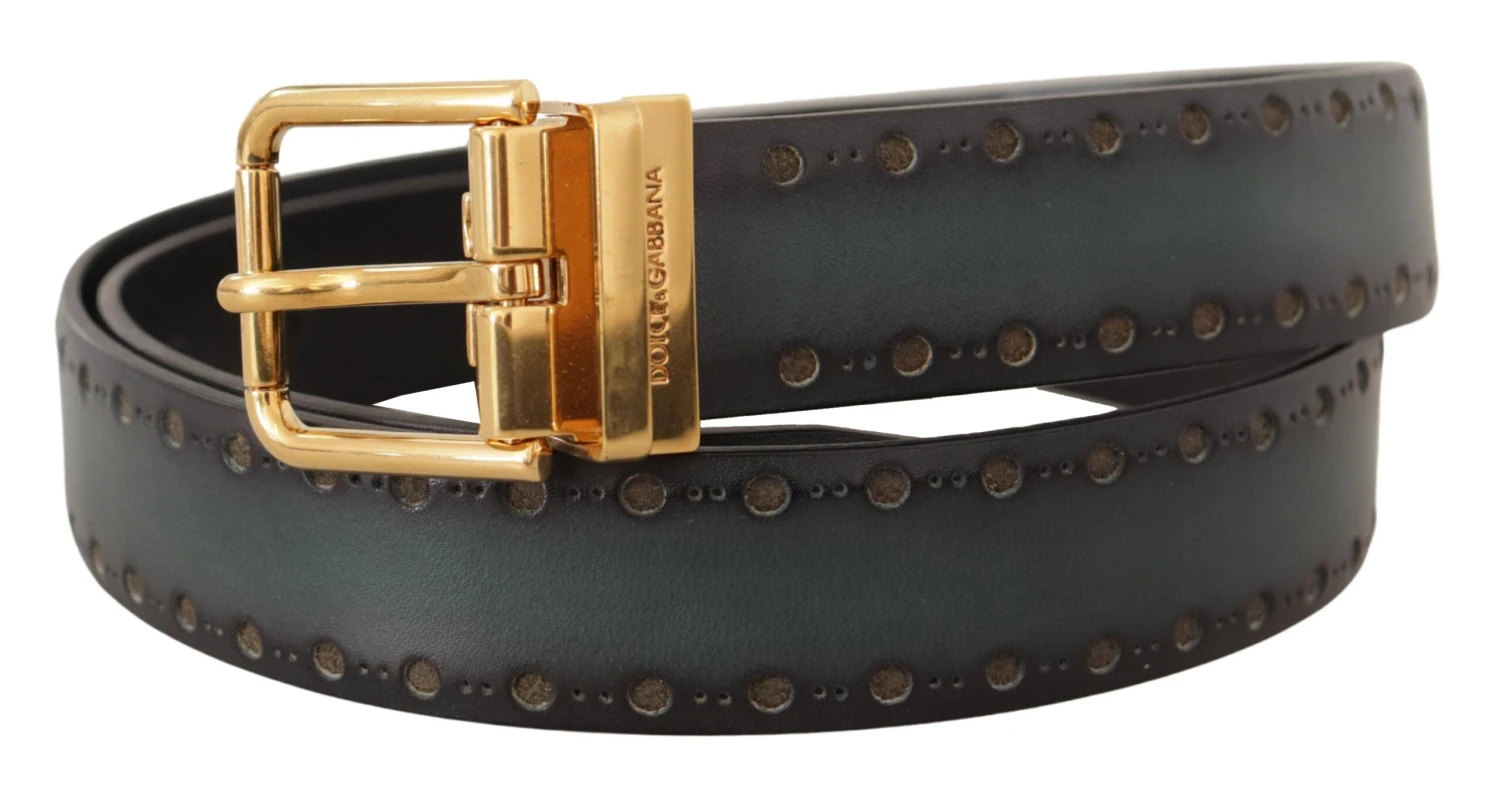 Dolce & Gabbana Green Perforated Leather Brass Metal Men's Belt 4 Dolce & Gabbana Green Perforated Leather Brass Metal Men's Belt - Image 2