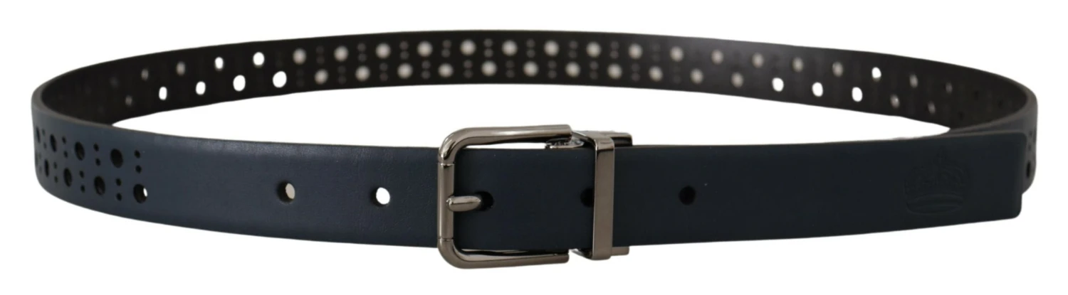 Dolce & Gabbana Navy Blue Perforated Leather Skinny Metal Buckle Men's Belt 5 Dolce & Gabbana Navy Blue Perforated Leather Skinny Metal Buckle Men's Belt - Image 3