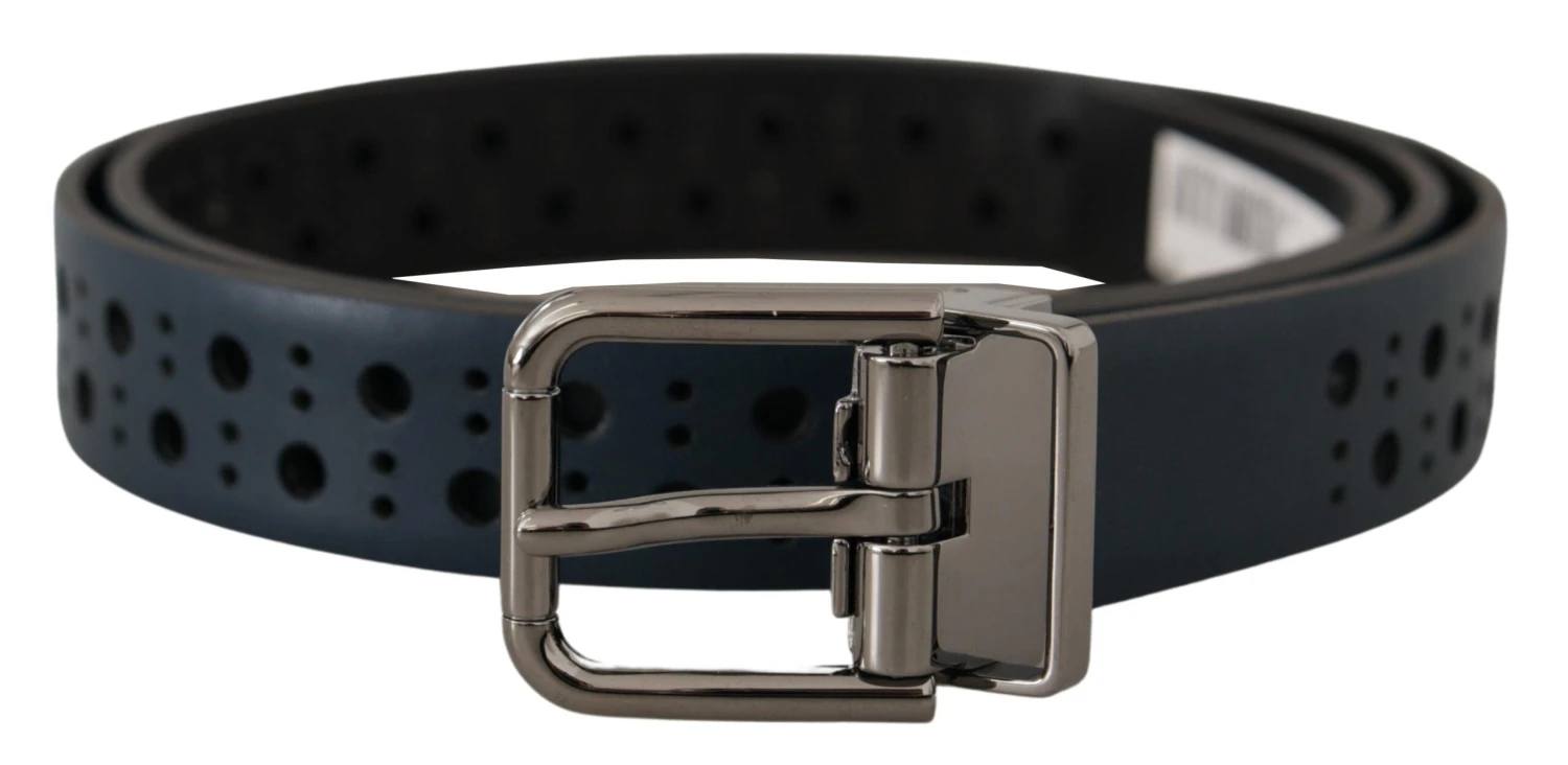 Dolce & Gabbana Navy Blue Perforated Leather Skinny Metal Buckle Men's Belt 3 Dolce & Gabbana Navy Blue Perforated Leather Skinny Metal Buckle Men's Belt