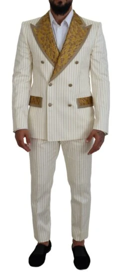 Dolce & Gabbana Off White Gold Striped Tuxedo Slim Fit Men's Suit