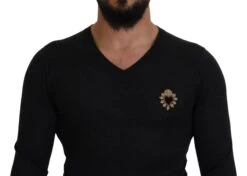 Dolce & Gabbana Gray Cashmere V-neck Gold Heart Men's Sweater -Lux Lair Store 4198475