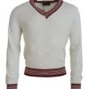 Dolce & Gabbana White Red Knitted V-neck Pullover Men's Sweater -Lux Lair Store 4198642