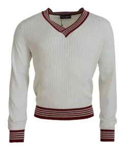 Dolce & Gabbana White Red Knitted V-neck Pullover Men's Sweater