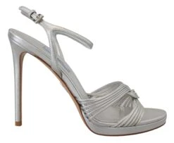 Prada Silver Leather Sandals Ankle Strap Heels Women's Stiletto