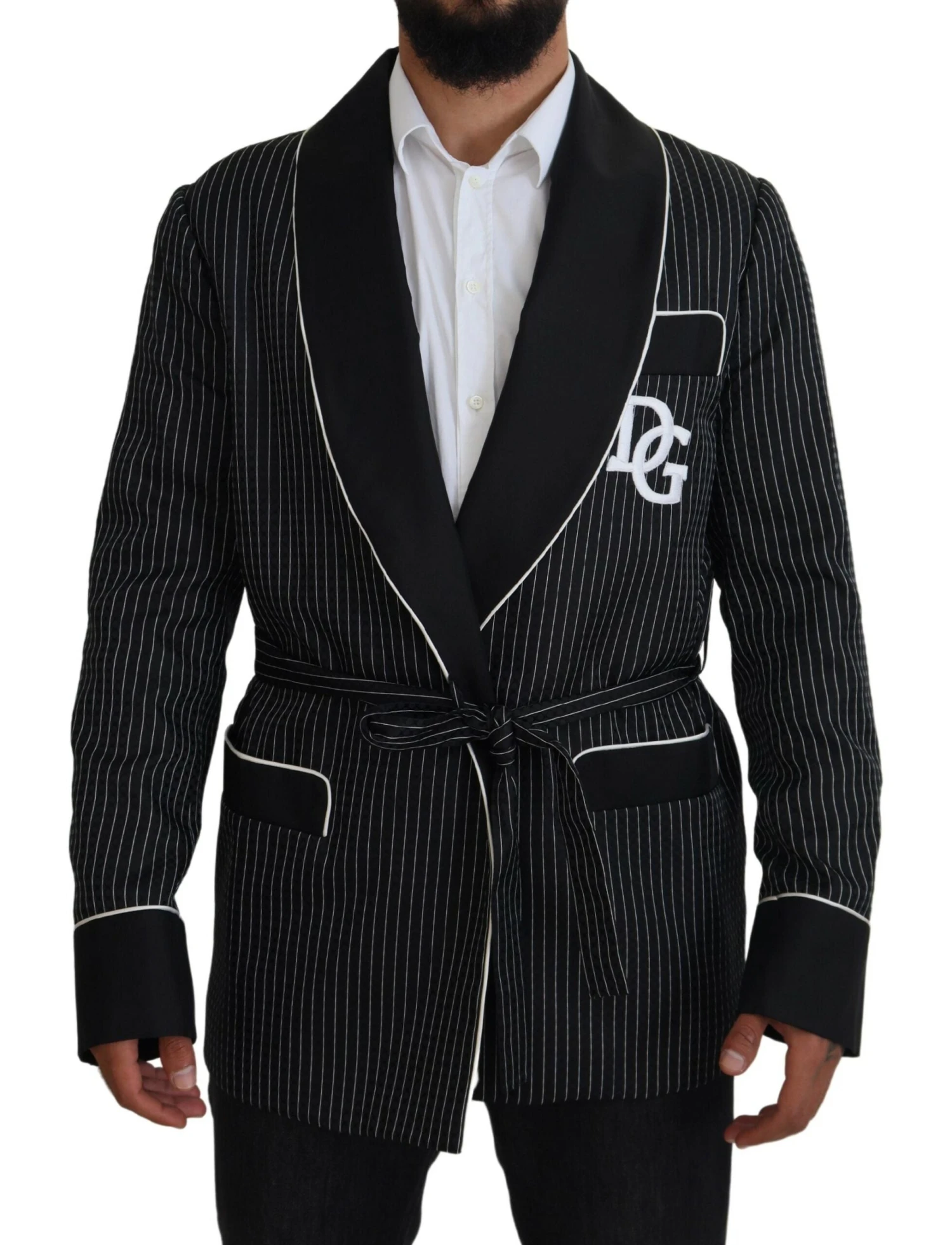 Dolce & Gabbana Black Robe Striped DG Patch Jacket Men Men's Blazer 3 Dolce & Gabbana Black Robe Striped DG Patch Jacket Men Men's Blazer