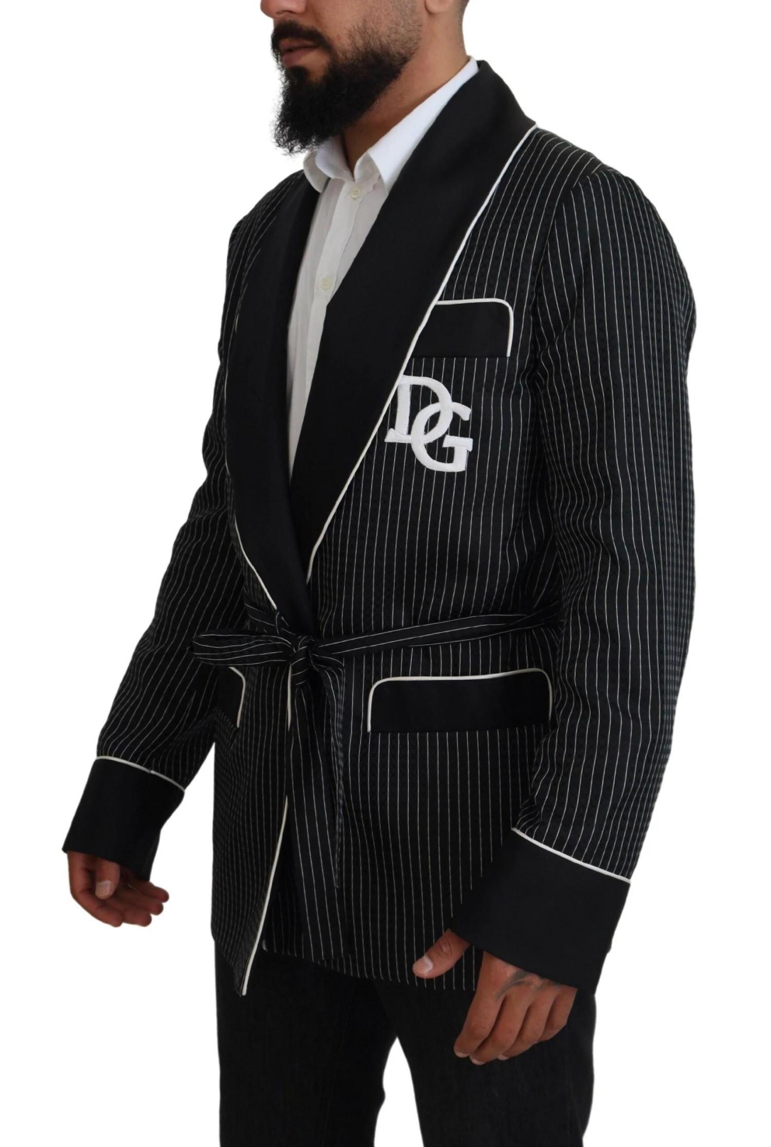 Dolce & Gabbana Black Robe Striped DG Patch Jacket Men Men's Blazer 4 Dolce & Gabbana Black Robe Striped DG Patch Jacket Men Men's Blazer - Image 2