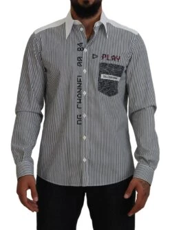Dolce & Gabbana Black White Striped Printed Casual Cotton Men's Shirt