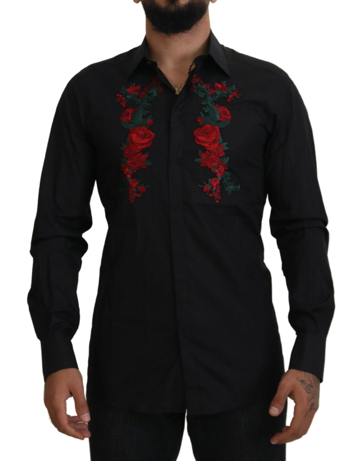 Dolce & Gabbana Black Floral Embroidery Men Long Sleeves GOLD Men's Shirt 3 Dolce & Gabbana Black Floral Embroidery Men Long Sleeves GOLD Men's Shirt
