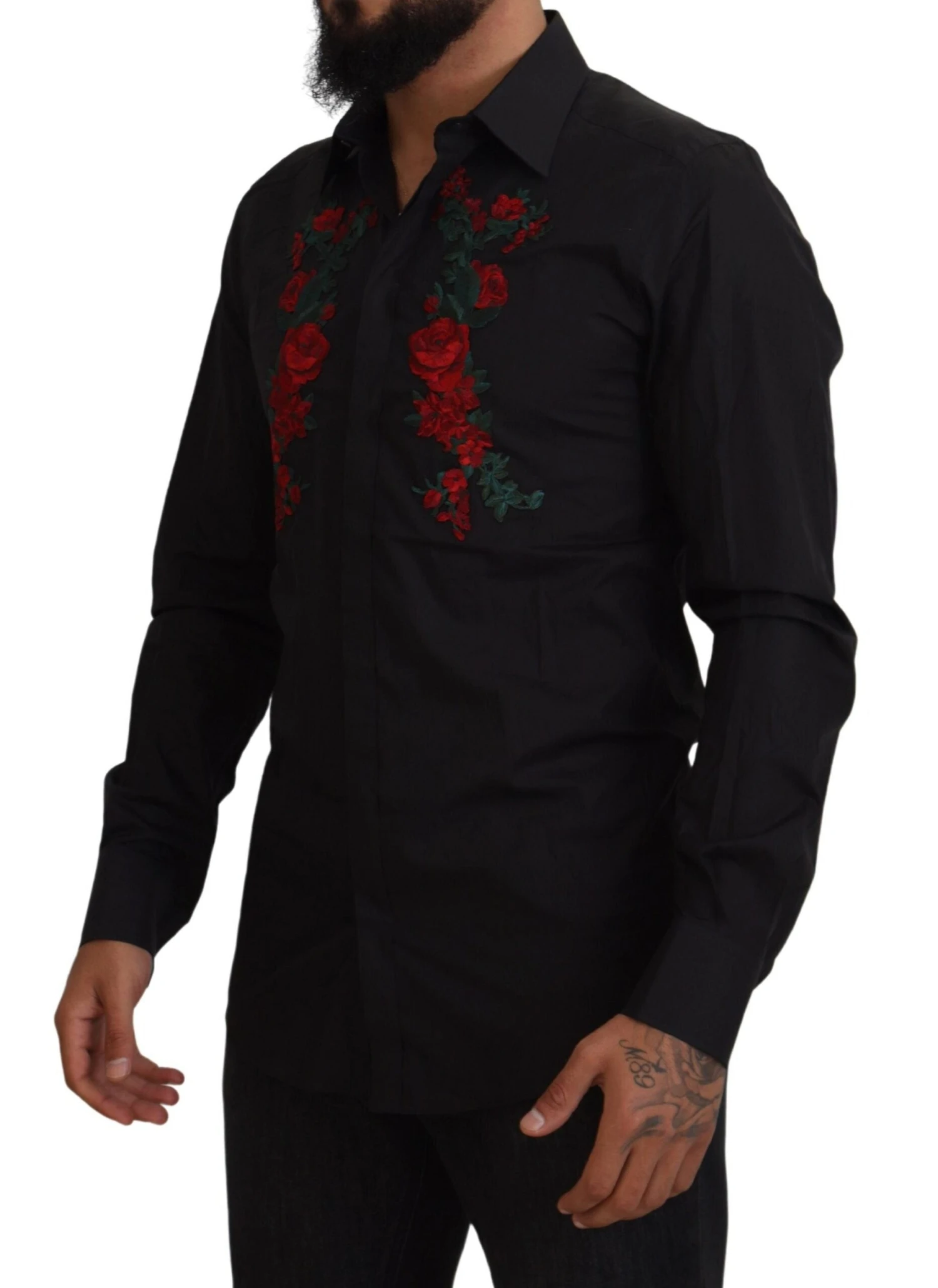 Dolce & Gabbana Black Floral Embroidery Men Long Sleeves GOLD Men's Shirt 4 Dolce & Gabbana Black Floral Embroidery Men Long Sleeves GOLD Men's Shirt - Image 2