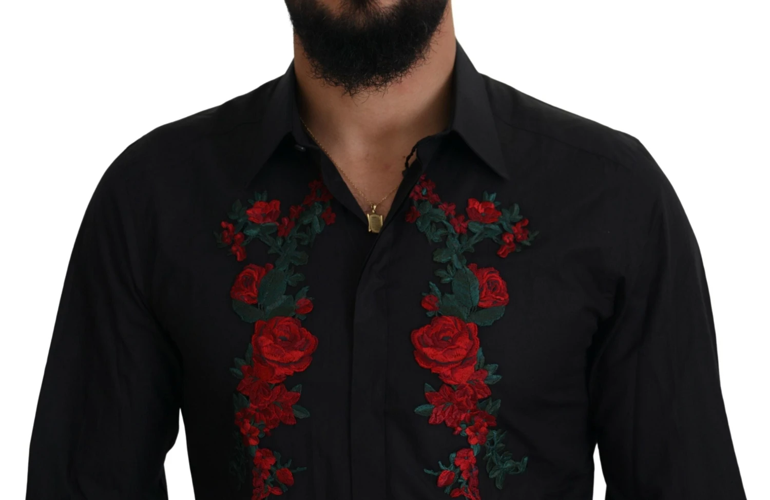 Dolce & Gabbana Black Floral Embroidery Men Long Sleeves GOLD Men's Shirt 6 Dolce & Gabbana Black Floral Embroidery Men Long Sleeves GOLD Men's Shirt - Image 4