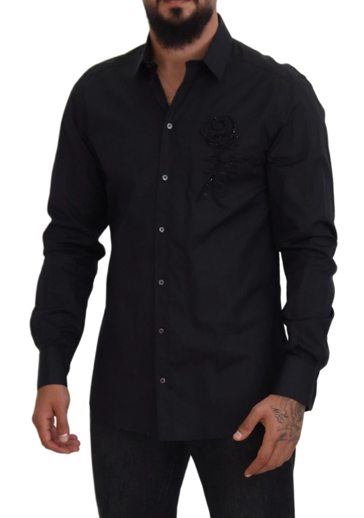 Dolce & Gabbana Black Roses Slim Fit Cotton Men's Shirt 7 Dolce & Gabbana Black Roses Slim Fit Cotton Men's Shirt - Image 5