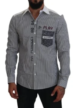 Dolce & Gabbana Gray White Striped Slim Fit Men's Shirt -Lux Lair Store 4281982
