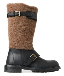 Dolce & Gabbana Black Leather Brown Shearling Men's Boots